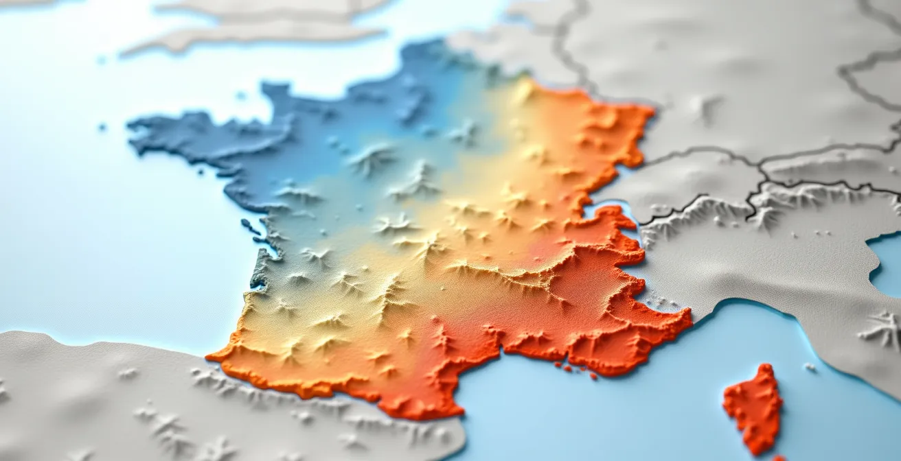 Carte de France divisée en zones climatiques colorées indiquant l'adéquation des pneus 4 saisons par région