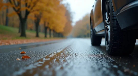 Voiture équipée de pneus 4 saisons sur route variée en transitions de saison, montrant adhérence et polyvalence