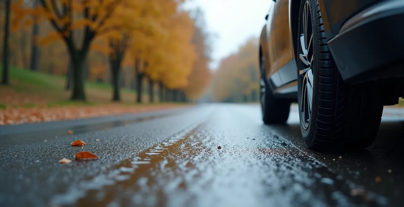 Voiture équipée de pneus 4 saisons sur route variée en transitions de saison, montrant adhérence et polyvalence