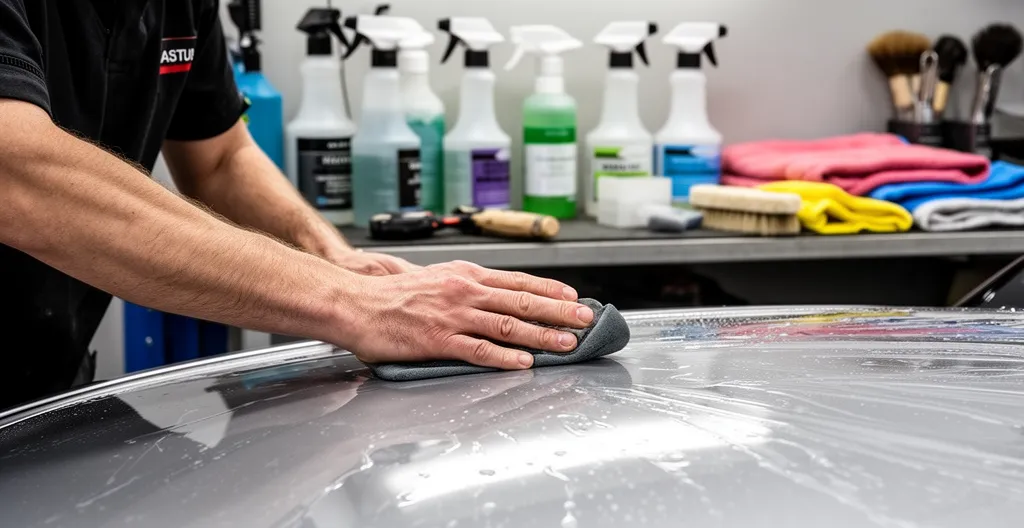 Préparateur utilisant une clay bar sur carrosserie mouillée avant traitement céramique