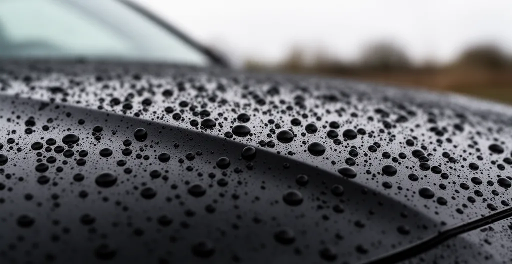 Gouttes d'eau formant des perles sur une carrosserie noire traitée à la céramique
