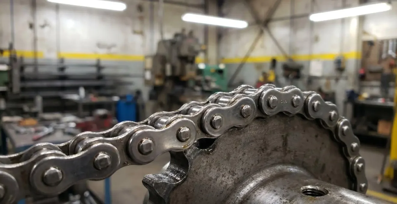Chaîne de transmission en acier inoxydable engrenant sur un pignon dans un atelier industriel avec éclairage de travail