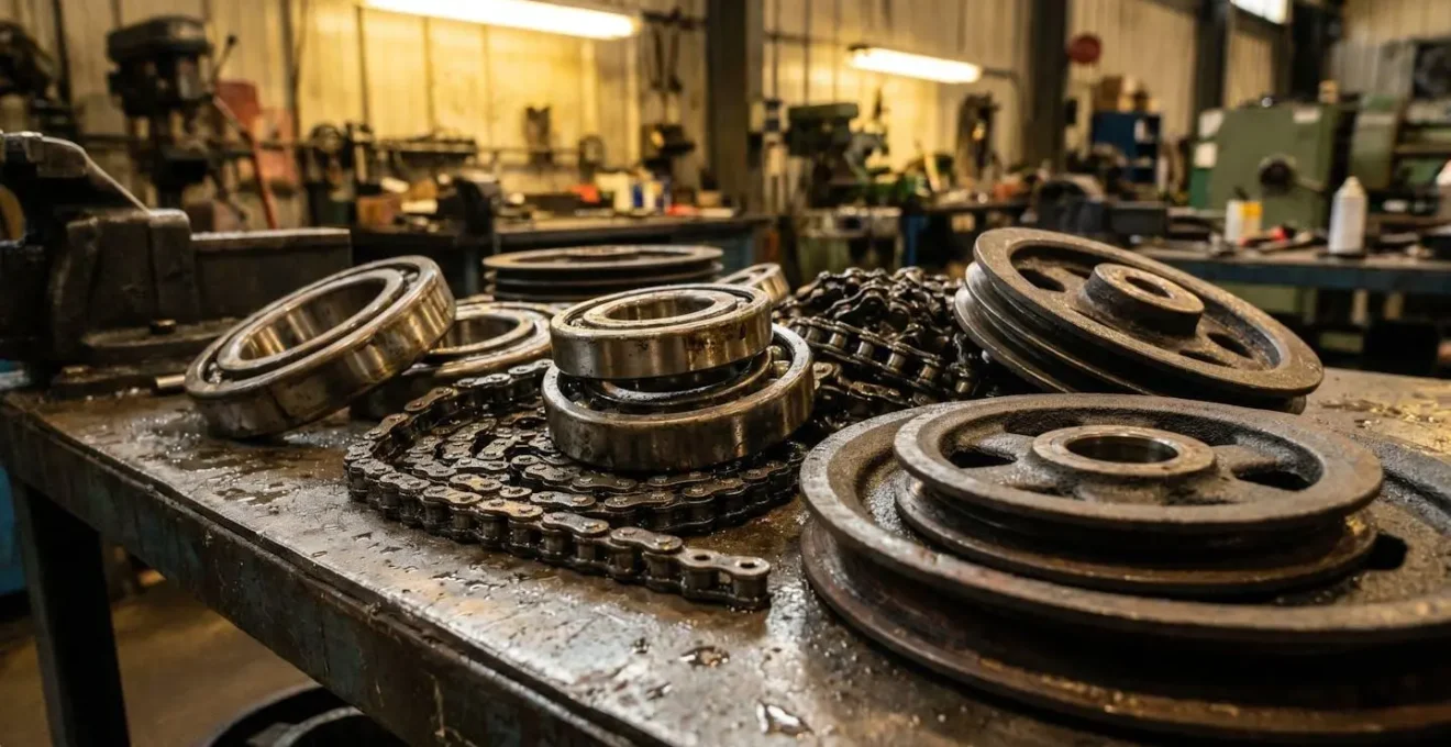 Vue rapprochée de roulements et chaînes de transmission industriels dans un environnement de maintenance, avec traces d'humidité et de poussière métallique