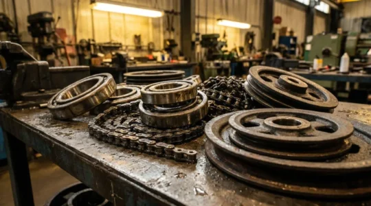 Vue rapprochée de roulements et chaînes de transmission industriels dans un environnement de maintenance, avec traces d'humidité et de poussière métallique