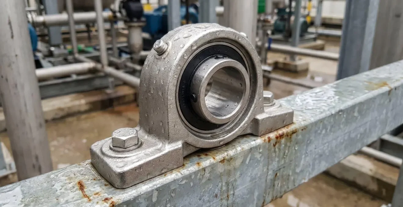 Palier auto-aligneur en acier inoxydable monté sur structure métallique dans un environnement industriel humide avec condensation visible