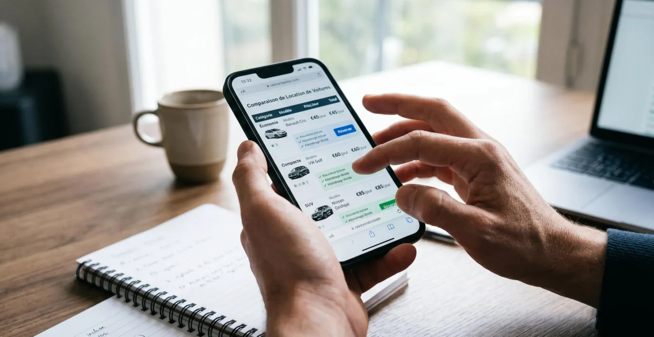 Client consultant comparateur de tarifs location sur smartphone dans environnement moderne lumineux