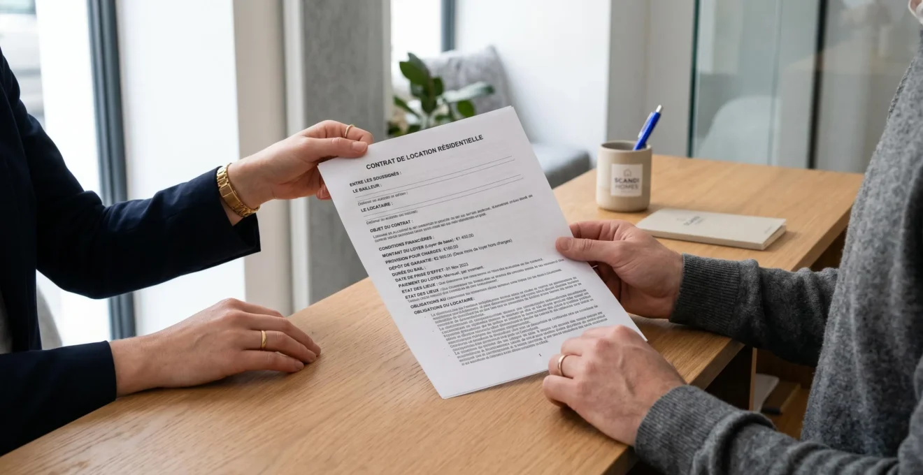 Mains tenant contrat de location avec conditions générales lisibles sur comptoir agence moderne
