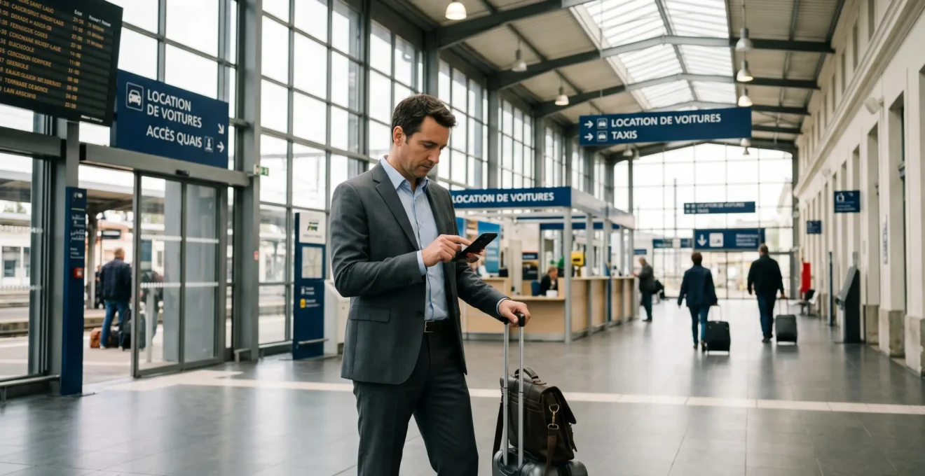 Voyageur dans le hall de la gare SNCF d'Angers consultant son smartphone avec panneaux directionnels agences location en arrière-plan